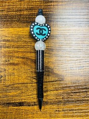 New Fancy Designer Black Glitter Ballpoint Pen with Aqua Heart Logo w/refill